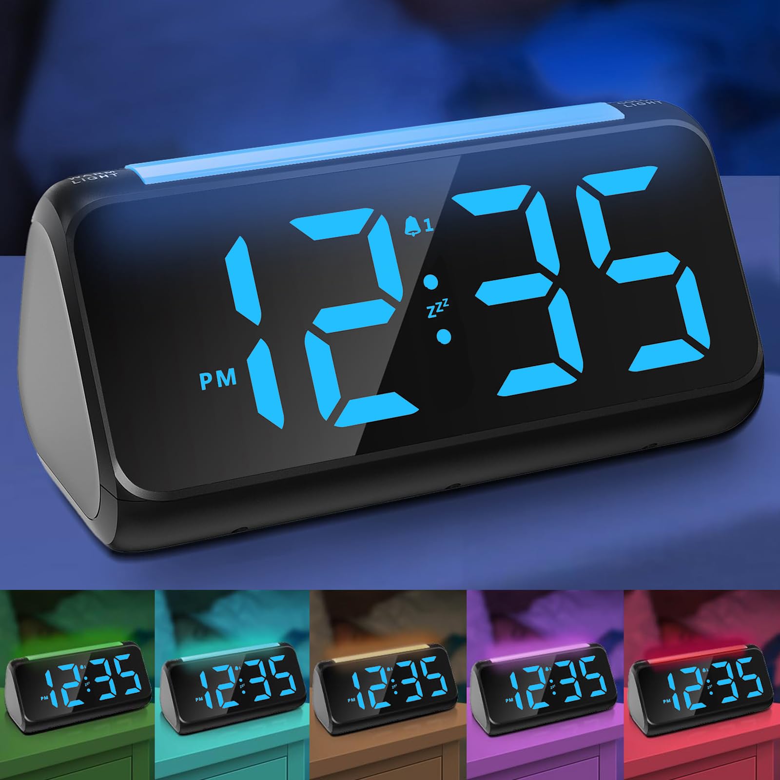Alarm Clock with Night Light for Bedrooms, Simple Large LED Display Big Number Digital Alarm Clock with 7 Color Night Light, Dual Alarm, Dimmer, USB Charger, Beside Clock for Kids and Adults (Blue)