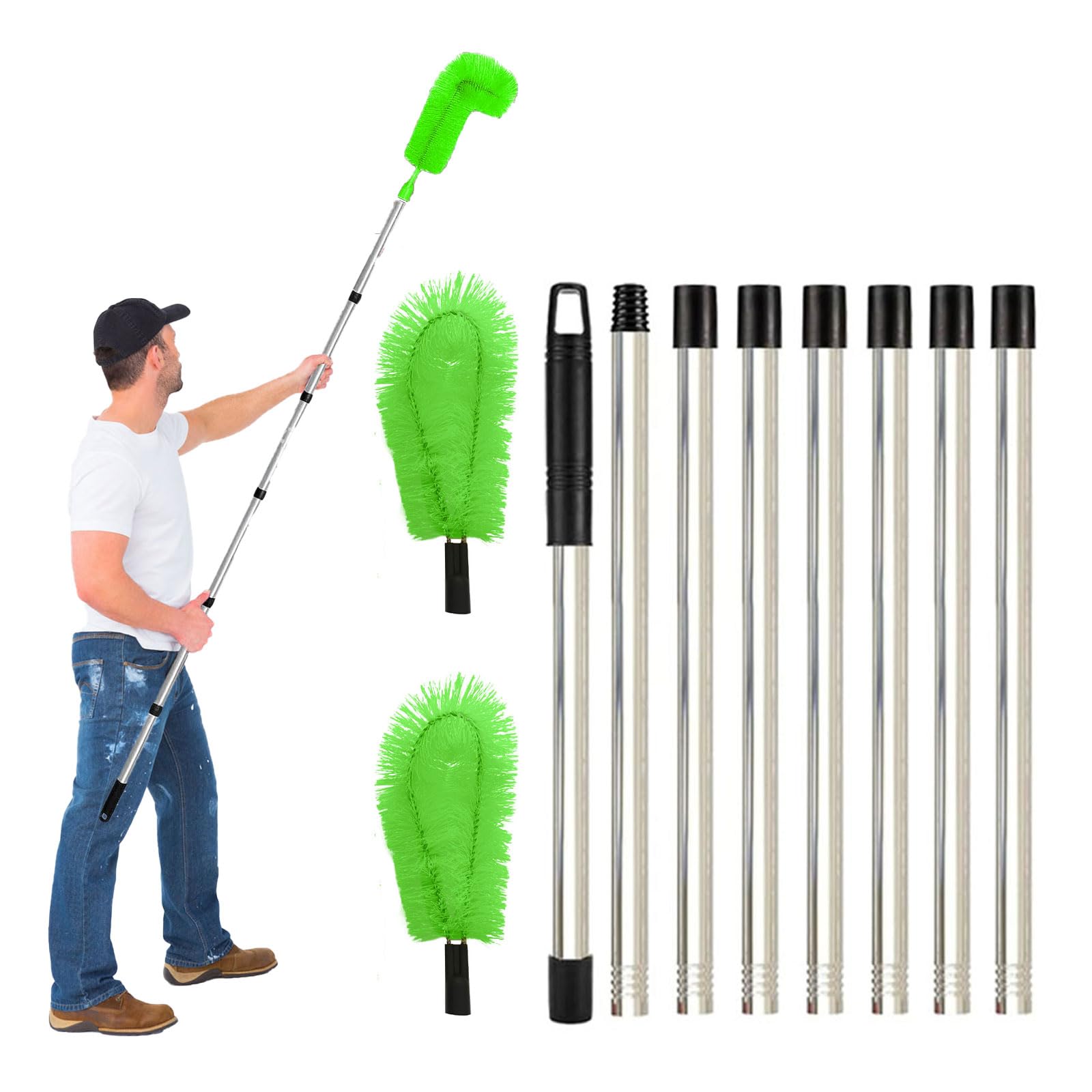 Gutter Cleaning Brush, Gutter Cleaner Brush With 8 Extension Telescopic Gutter Cleaning Pole, Gutter Cleaning Equipment With 2 Gutter Brush Long Gutter Cleaning Tools Telescopic From Ground (Green)