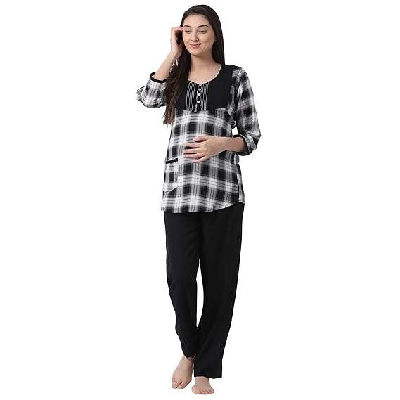 Women's Rayon Fabric Maternity/Feeding/Nursing Top and Pyjama Set Loungewear