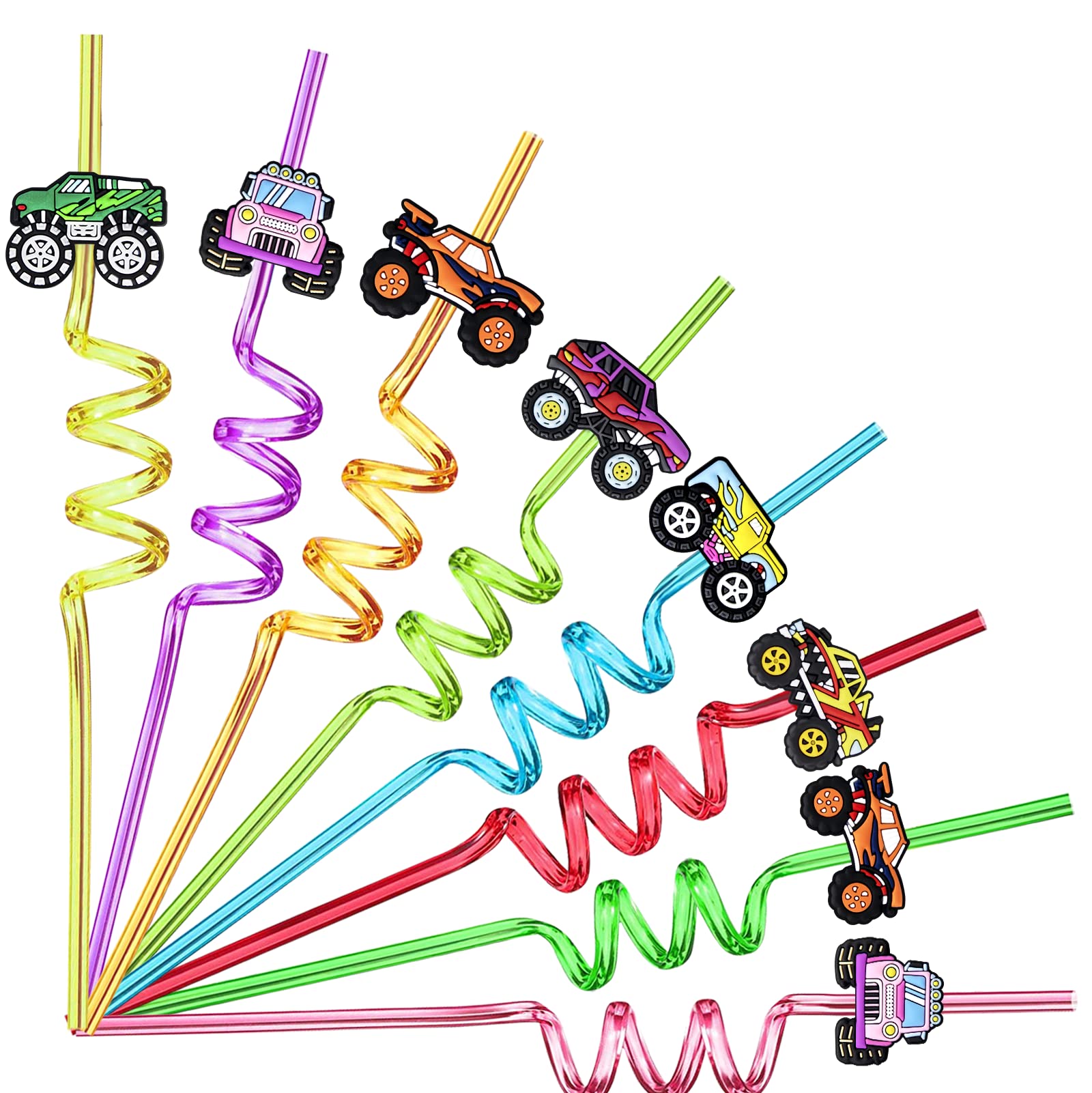 Photo 1 of 24 Monster Truck Party Car Reusable Styling Straws for Monster Truck Car Birthday Party Supplies with 2 Cleaning Brushes