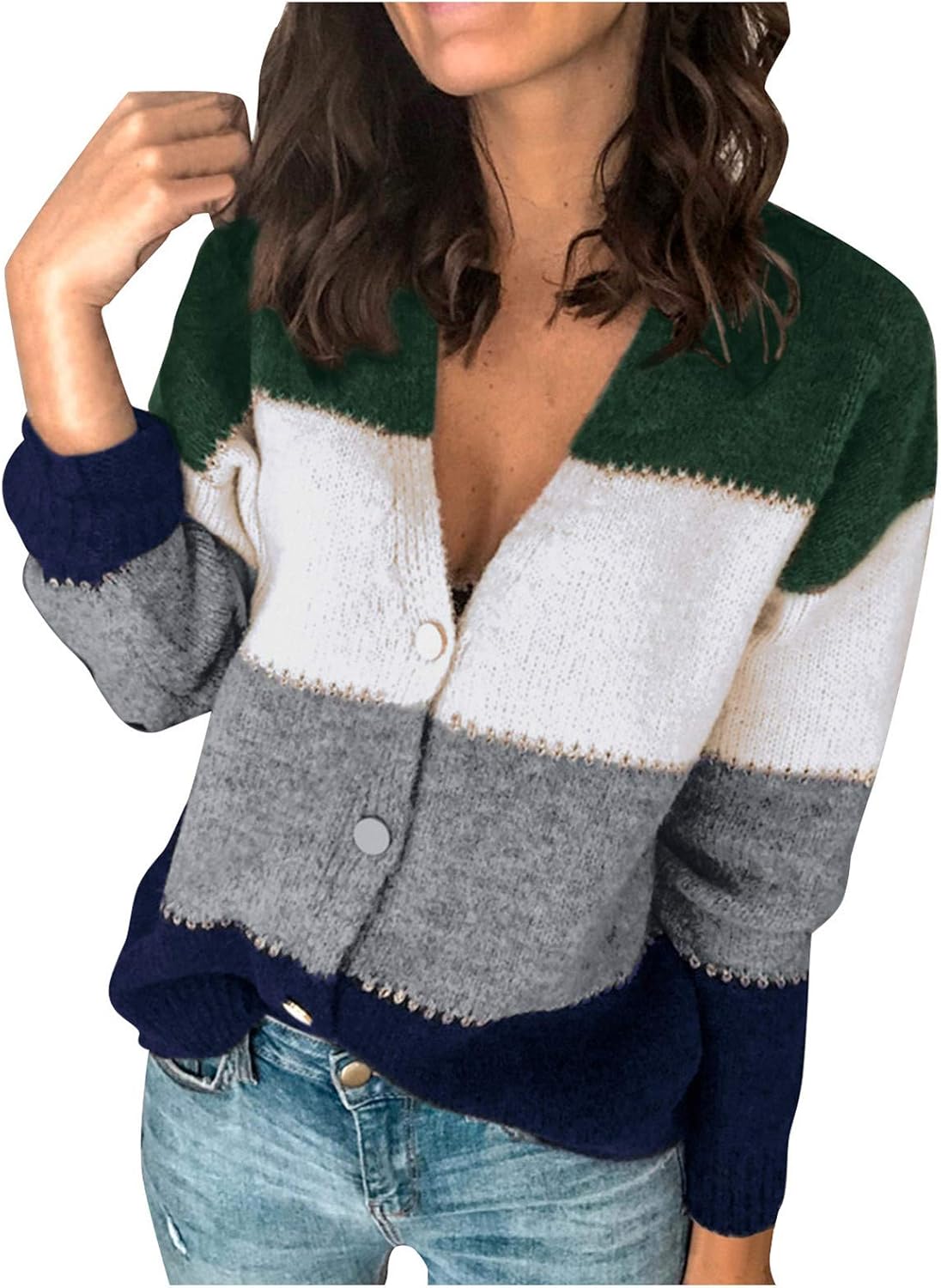 Mujeres Vcuello Tops Patchwork Casual Botones Suéter Suelto Vintage