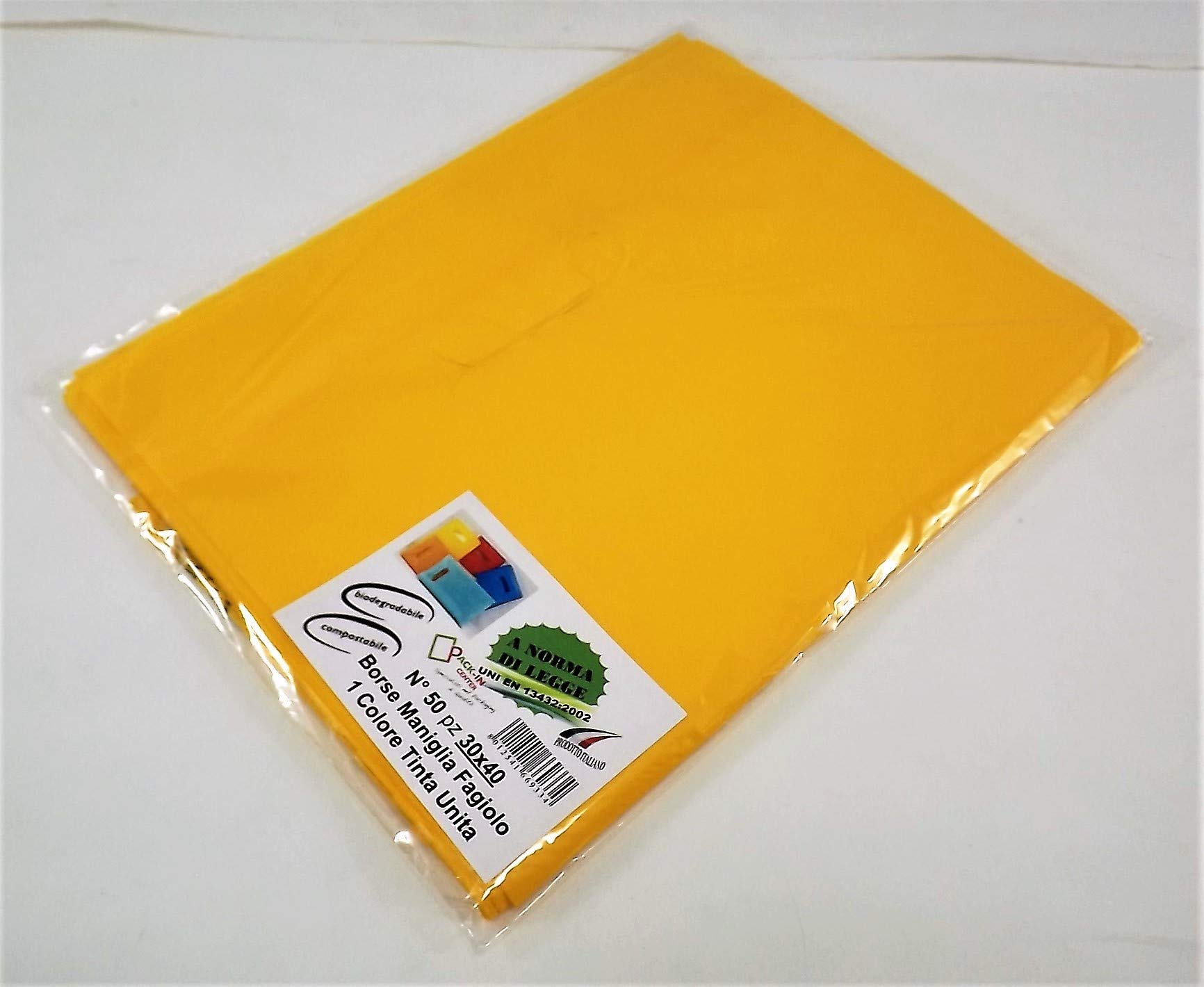 Biodegradable / Compostable Bags with Bean-Shaped Handles, Various Sizes, Solid Colours and Assorted Colours, Compliant with Law UNI EN 13432:2002