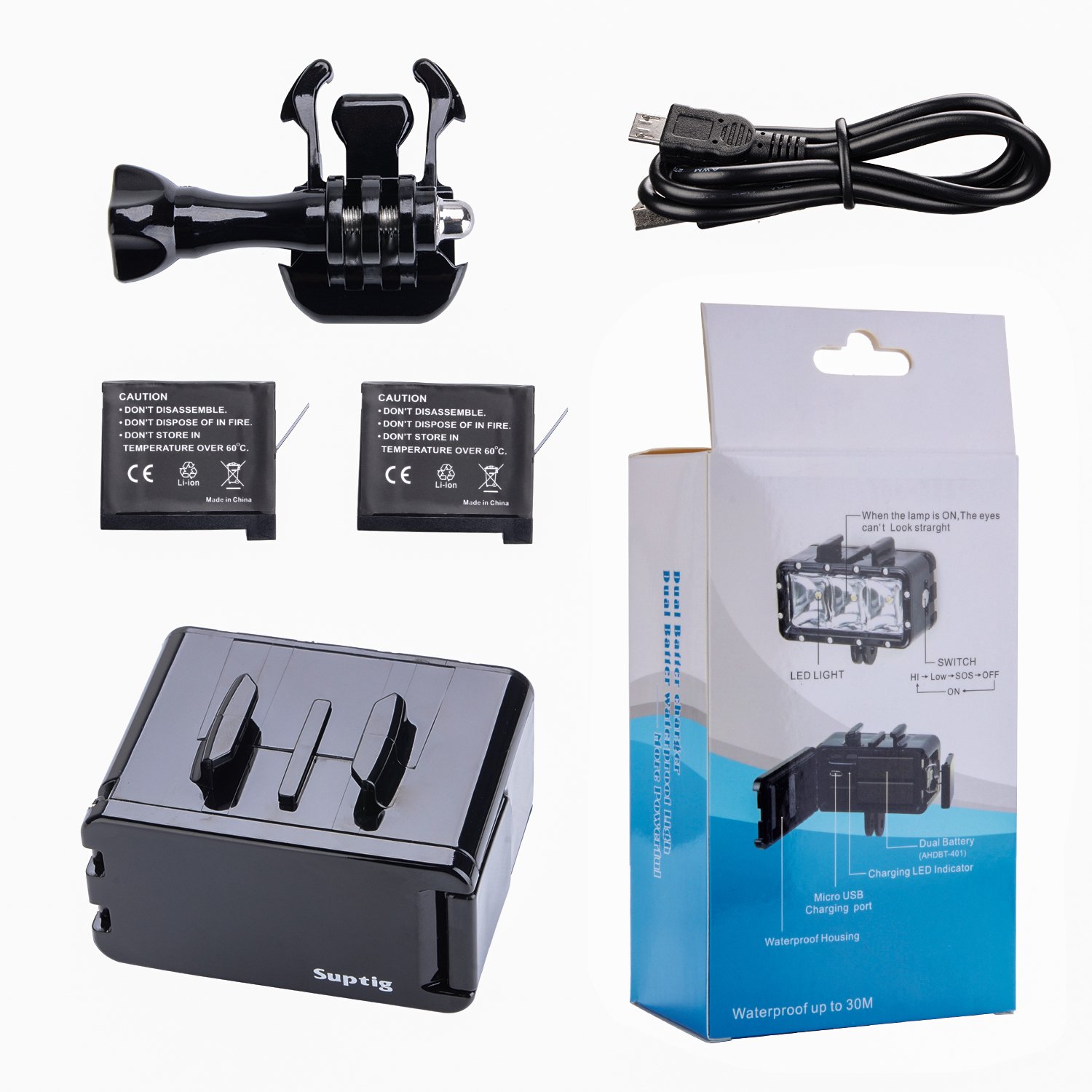 Suptig Waterproof High Power Dimmable Dual Battery Fill Night Diving Underwater Light for Gopro Hero 13, 12, 11/10/9/8/7/6/5/4/3+/3, Akaso, DJI Osmo, Insta 360