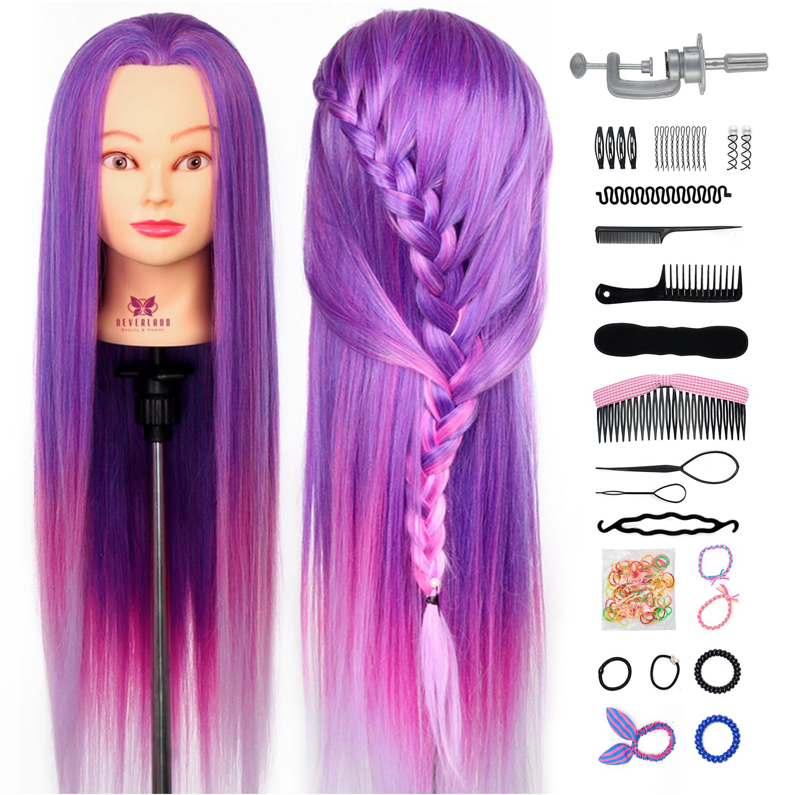 Neverland Practice Training Head Synthetic Hair 71 cm Purple Hair Styling Braid Set Head Hairdressing Hair Cosmetology Head