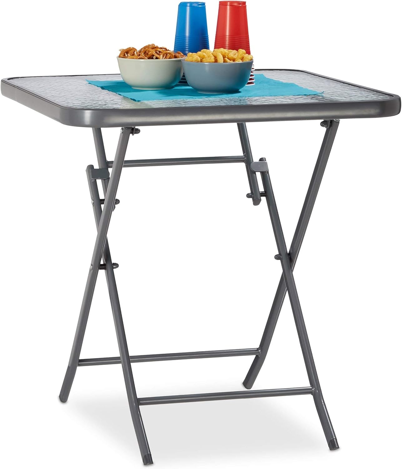 Relaxdays STRUK Square Foldable Patio Table with Glass Top, Grey, 70 x