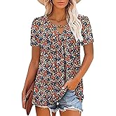 MAYAMANG Women's Floral Tunic Tops Casual Blouse V Neck Short Sleeve Buttons Up T-Shirts