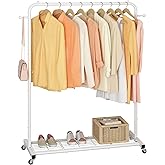Sywhitta Clothing Rack on Wheels with Mesh Storage Shelf & Sturdy Metal Frame, Rolling Garment Rack for Hanging Clothes, Coats, Skirts, 39.76" L x 16" W x 64.56" H,White