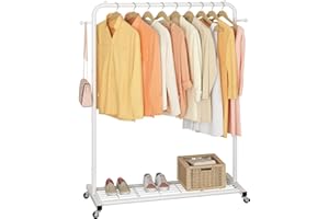 Sywhitta Clothing Rack on Wheels with Mesh Storage Shelf & Sturdy Metal Frame, Rolling Garment Rack for Hanging Clothes, Coats, Skirts, 39.76" L x 16" W x 64.56" H,White