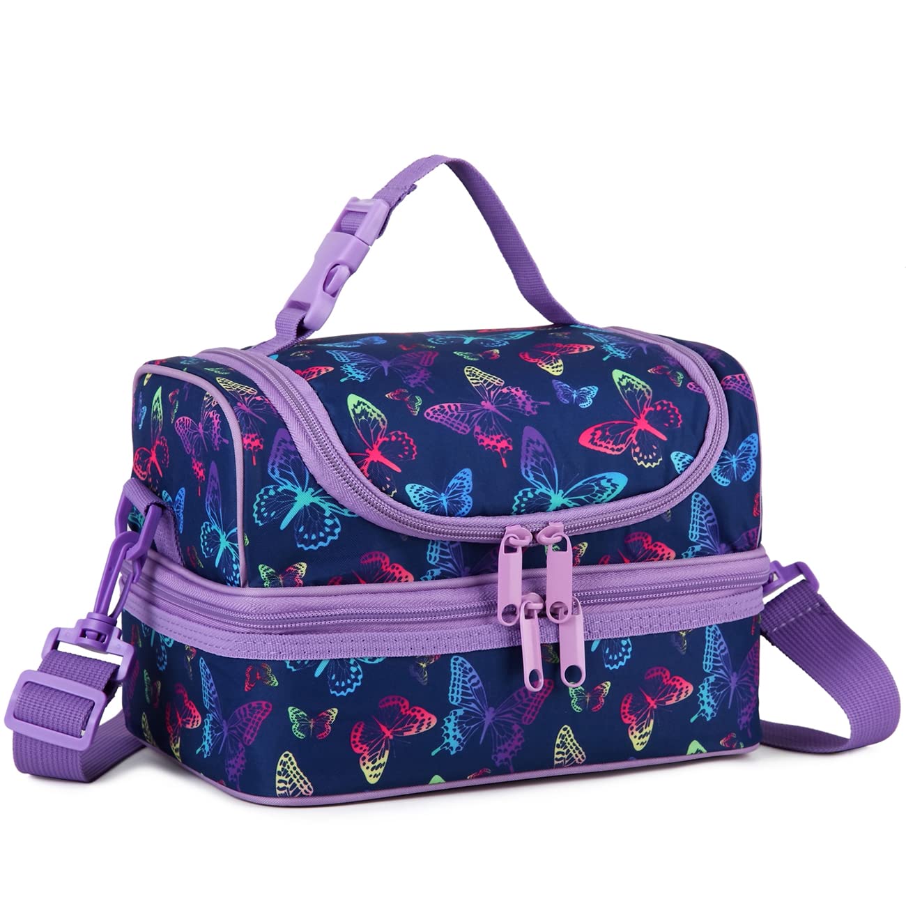 VASCHY Insulated Lunch Bag for Girls, Portable Lunch Bag Separate Compartments Reusable Lunch Handbag with Adjustable Shoulder Strap for School and Picnic (Purple Butterfly), Purple Butterfly