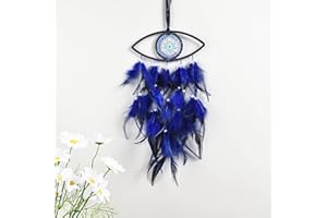 MAOFENG Feather Evil Eye Dream Catcher Natural Handmade Materials Moderate Size, Home Ornaments Craft Gift for Bedroom, Dream Catchers for Bedroom Adult（Small Blue）