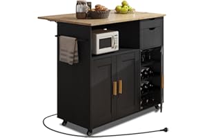 ASTRONAPE Rolling Mobile Kitchen Island Cart Bar with Drawer Desktop Drop Leaf Countertop, Island Table Storage with 5 Wheels, Rolling Kitchen Cabinet with Power Socket and Towel Rack