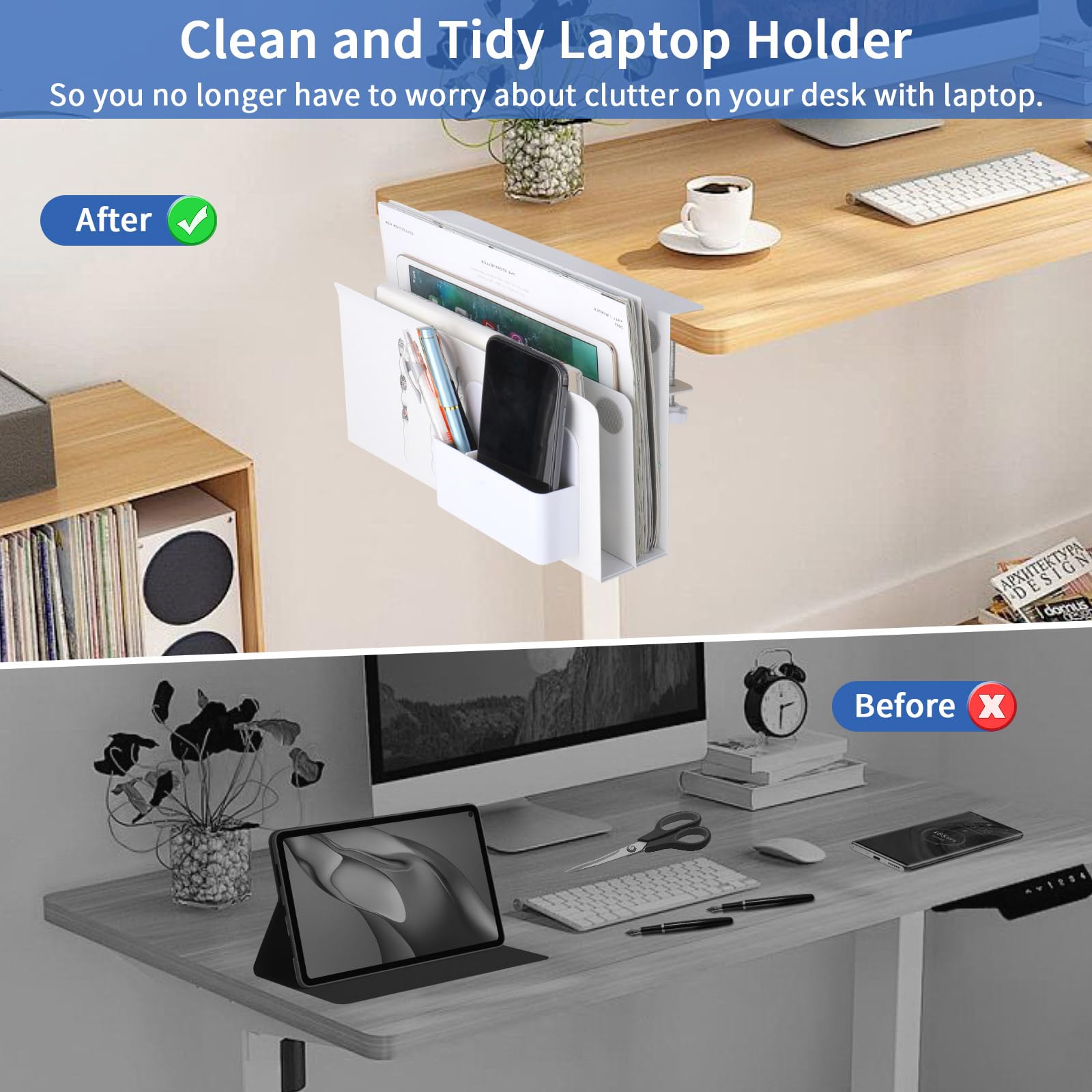 LUKETURE Desk Side Storage, 2 Tier Steel Hanging Organizer, No Drill Side Desk Organizer, Laptop Holder, with Pen Holder, Hanging Table Storage for Office Home, Fits Flat Edge Tables 0.3\