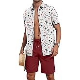YTD Men's 2 Piece Outfits Tropical Print Short Sleeve Button Down Hawaiian Shirt and Beach Shorts Set