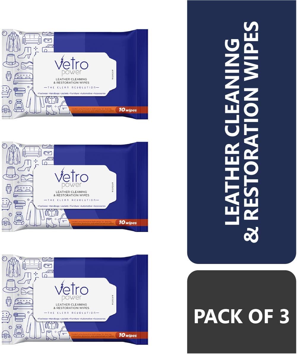 Vetro Power Leather Conditioning Cleaning and Restoration Wipes | For Sofas Car Seat Chair Furniture Jackets Bags (Pack of 3)