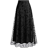 Cutecrop Women Floral Mesh Midi Skirt Boho High Waist Layered Tulle Skirt Flowy A-Line for Spring Fall Travel Wedding Date