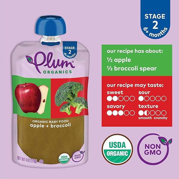PLUM ORGANICS APPLE AND BROCCOLI, 6+ MONTHS – ORGANIC FRUIT AND VEGGIE BABY FOOD POUCHES, 4 OZ POUCH (PACK OF 4)