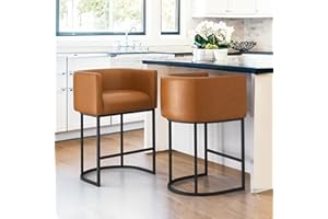 LUE BONA 27" H Counter Height Bar Stools Set of 2, Modern Barrel Counter Stools with Backrest and Arms, Black Metal Frames,Faux Leather Upholstered Accent Barstools for Kitchen Island,Yellowish Brown