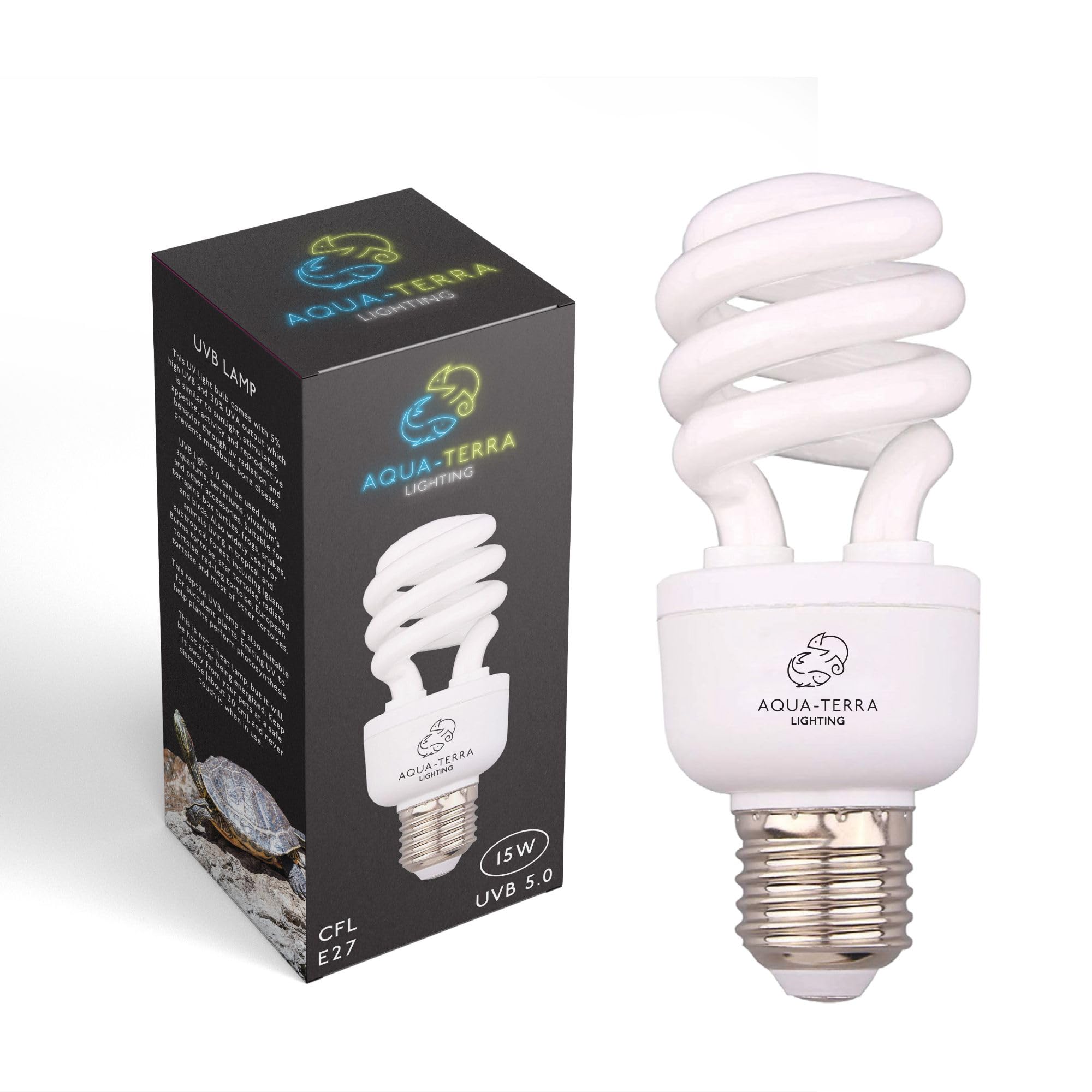Aqua-Terra Lighting UVA UVB 15w Tropical 5.0 Bulb Ideal for Aquariums/Terrariums with Terrapins, Box Turtles, Frogs, Snakes and Birds - E27 Standard Screw Base - Ideal for Natural Sun Light Effect
