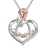 POPKIMI Gifts for Mom Grandma Nana 925 Sterling Silver I Love You Necklace Rose Flower Love Heart with Crystal Jewelry for Women