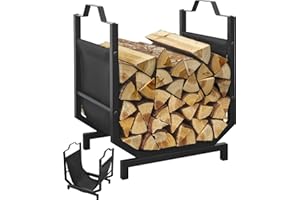 USLUOLE Firewood Rack Outdoor Indoor, Log Firewood Holder Indoor with Leakproof Bag, Heavy Duty Metal Wood Rack for Fireplace Patio Deck, Firewood Storage Rack Organizer Tool, Waterproof & Rustproof, Black