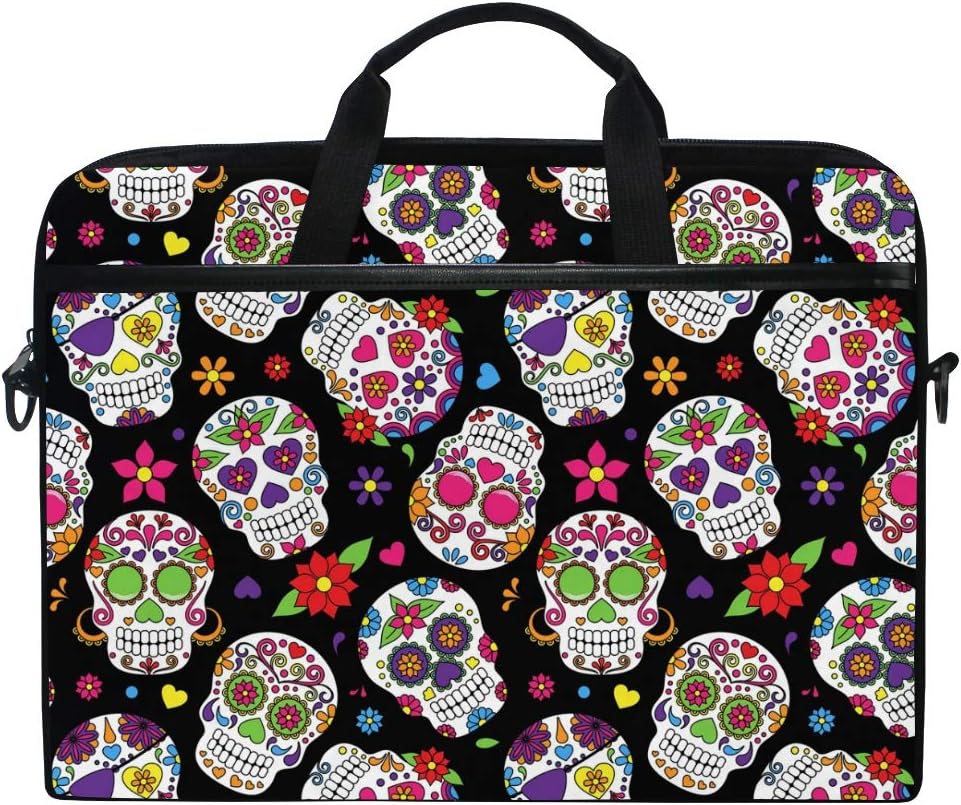 Linomo Computer Bag Floral Sugar Skull Pattern Laptop Sleeve Case Briefcase Messenger Sleeve Laptop Shoulder Bag fits 13 Inch 14 Inch 14.5 Inch Laptop for Women Men Office Kids School