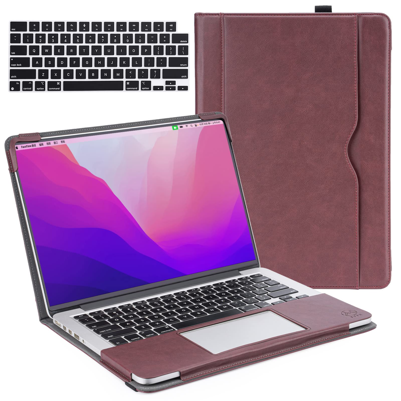 TYTX Compatible with MacBook Pro 14 Inch Leather Case Folio Book for MacBook Pro 14 Inch 2021 A2442 M1 Pro / M1 Max, Protective Laptop Case Cover for MacBook Pro 14 '' with Keyboard Cover, Wine Red