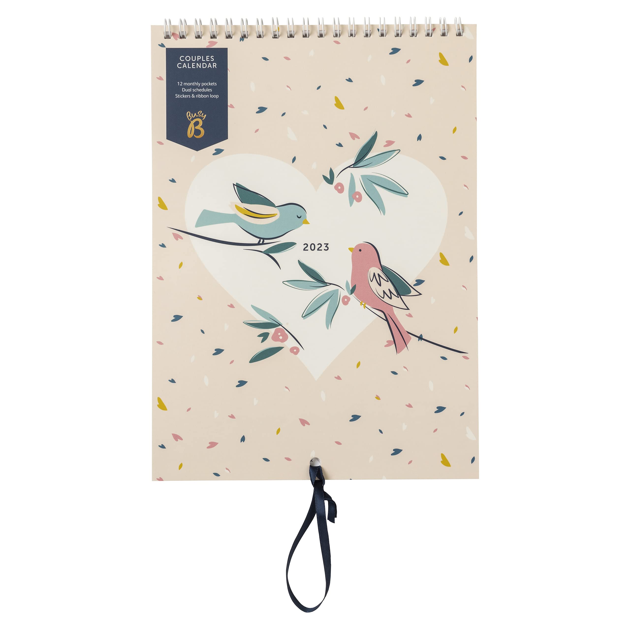 Busy B Couples Wall Calendar January to December 2023 – Birds – Slim Year Planner for Two with Columns, Monthly Pockets & Stickers