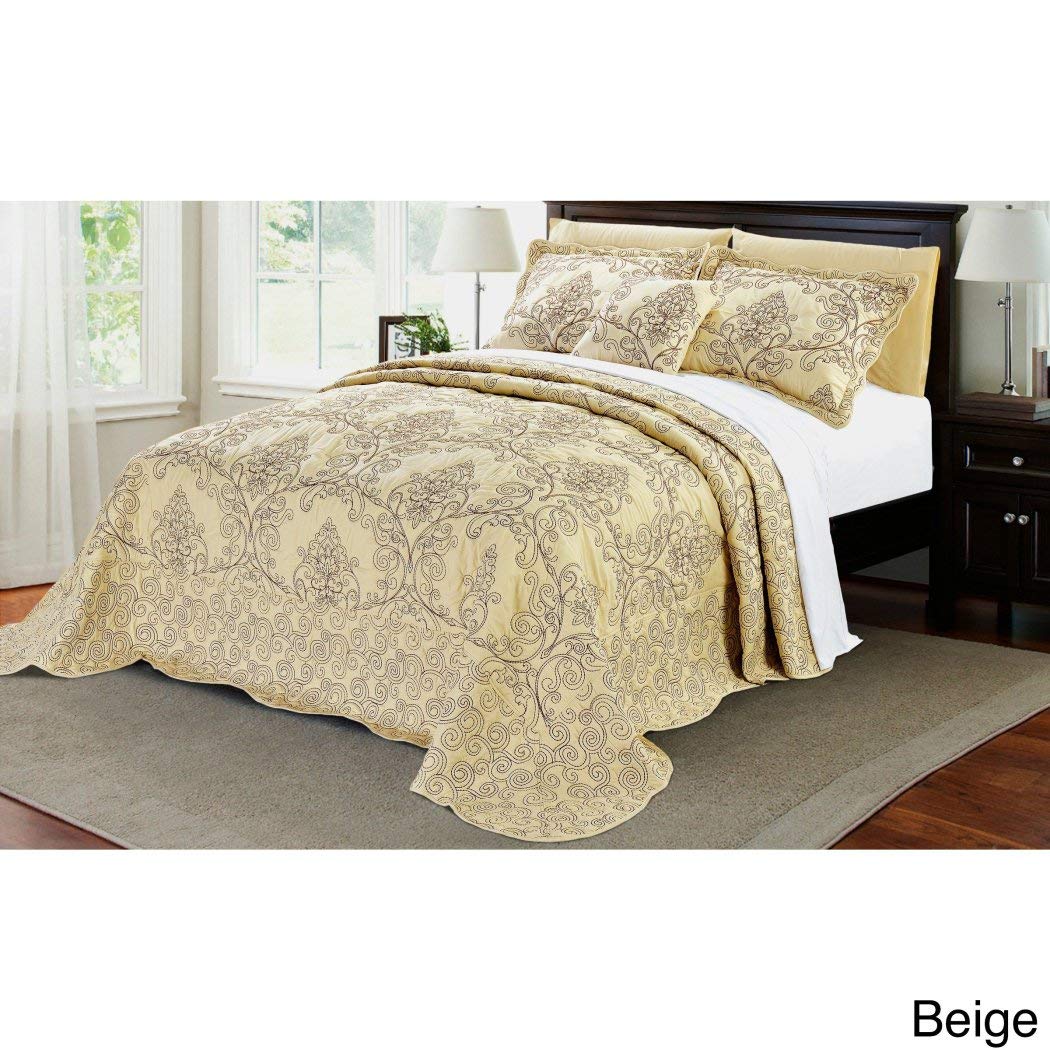 D&H 4 Piece 110 X 120 Light Beige Oversized Damask Bedspread Queen to