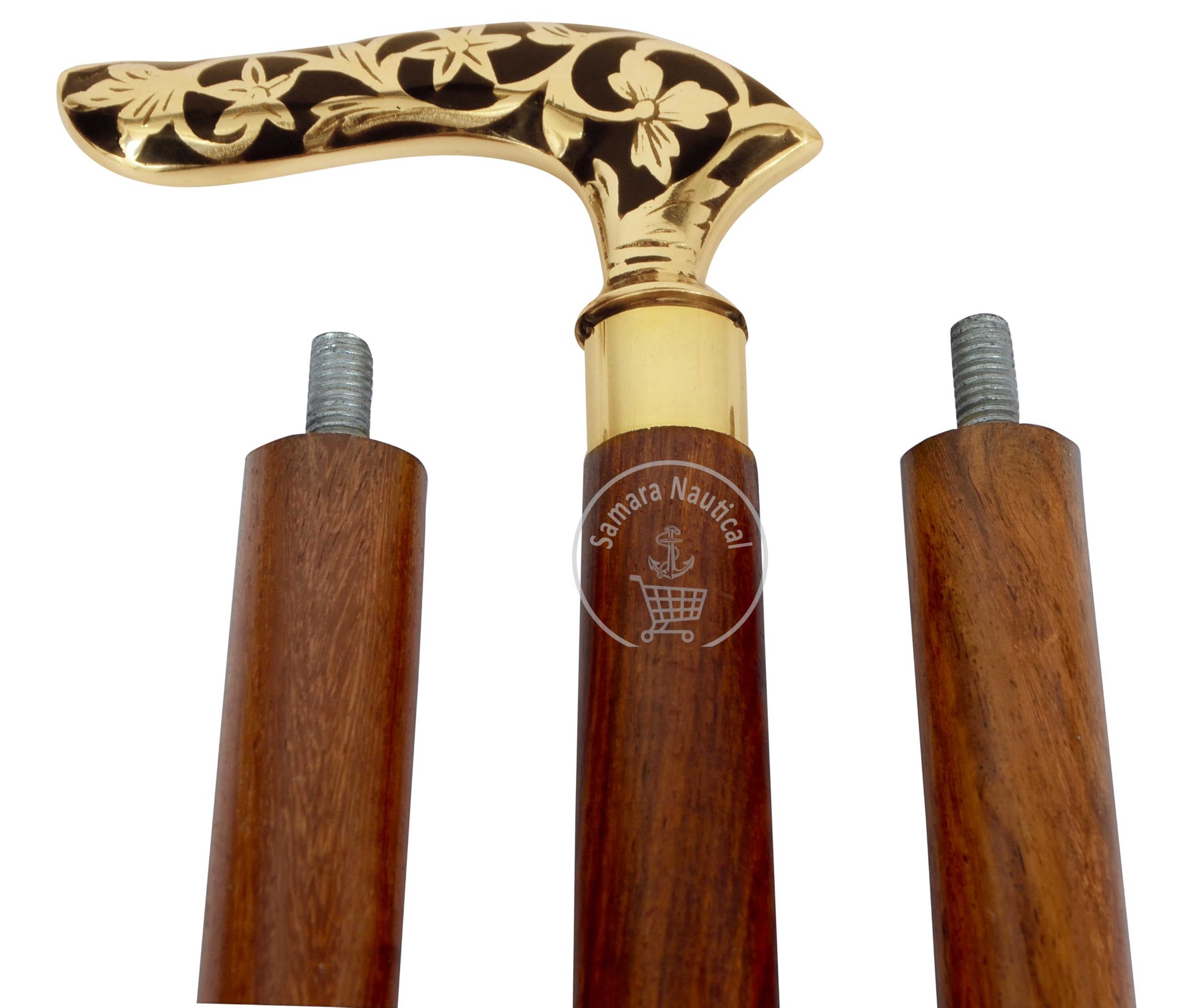 Samara Nautical Victorian Brass Walking Stick Cane Brass Handle with Black Wooden Cane (3 Fold Wooden Walking Cane),36 Inch