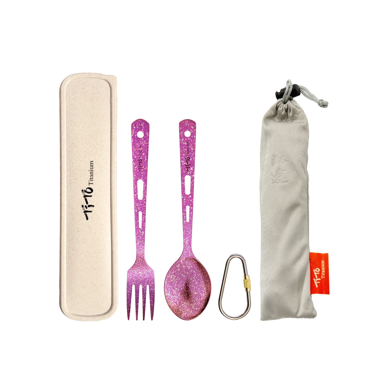 TiTo Titanium Spork Tableware Set Outdoor Camping Titanium Spoon Knife Collection 3 New Environmental Protection Sets with Box And Cloth Bag (2pcs Rose Spoon fork)