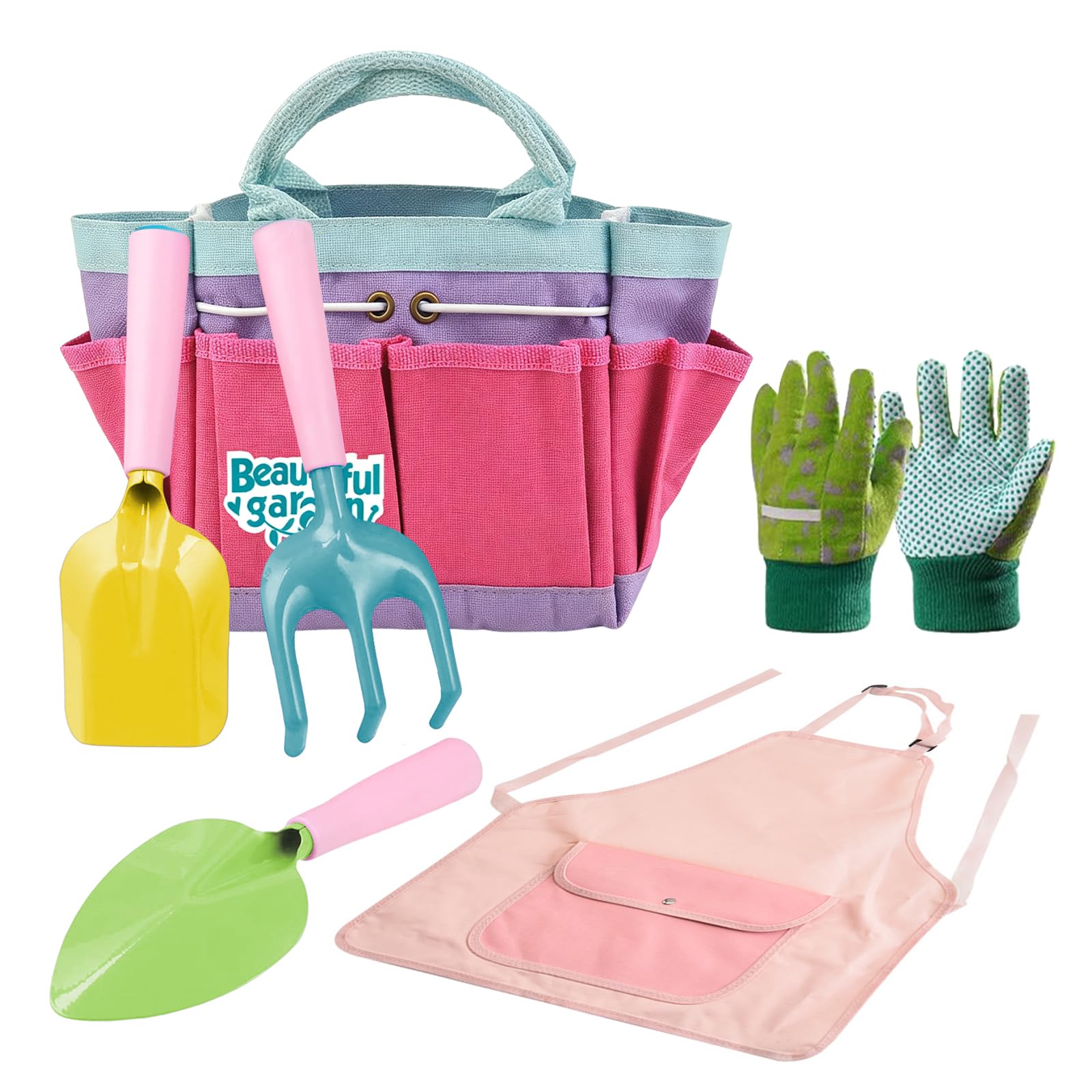 Kids Gardening Set - Kids Tools Bag with Gloves & Waterproof Apron Metal Garden Trowel and Fork Set, Toddler Educational Toys for Girls Age 4 - 12, Gardening Tools for Toddler Girls Toys