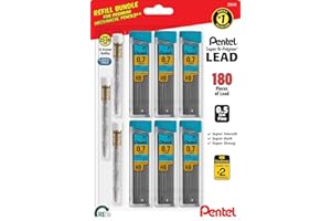 Pentel Super Hi-Polymer HB 7mm Lead Refill Pack - 6 Packs of 30 Leads & 3 Packs of 4 Latex-Free White Erasers - Mechanical Pencil Refills