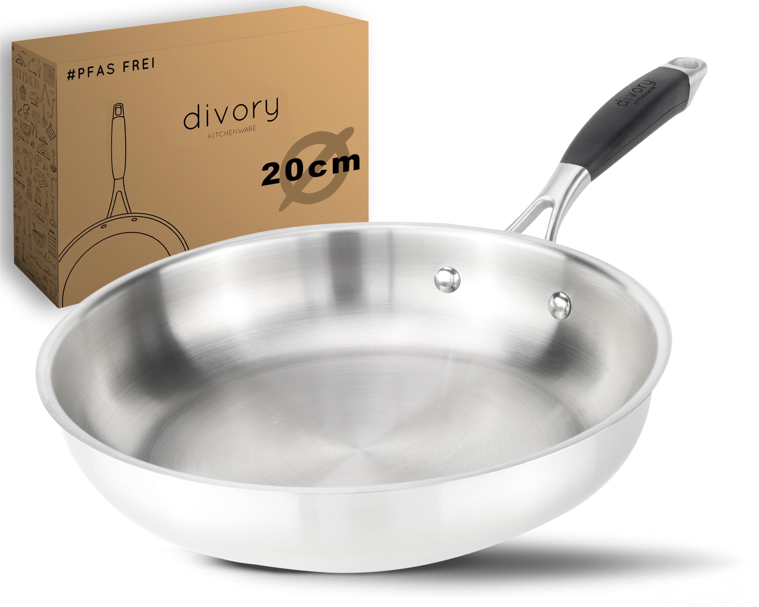DIVORY Stainless Steel Frying pan 20 cm – Uncoated, PTFE & PFOA-Free, Induction-Compatible, Small Stainless pan Without Coating (PURA, 20 cm)