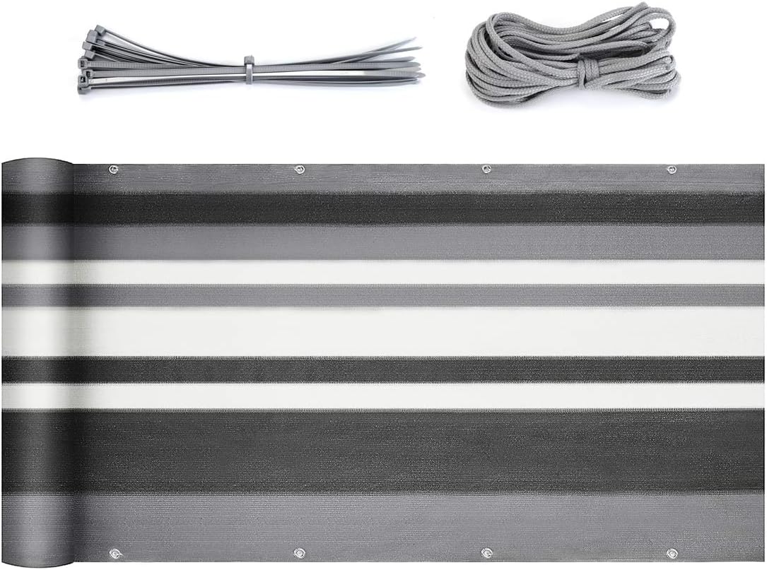 Sekey Balkon Sichtschutz Balkonabdeckung HDPE 220 g/m², Leicht Transparent Wind- und UV-Schutz Wetterfest, mit Ösen, Nylon Kabelbinder und Kordel Graue Streifen 0.9×6m