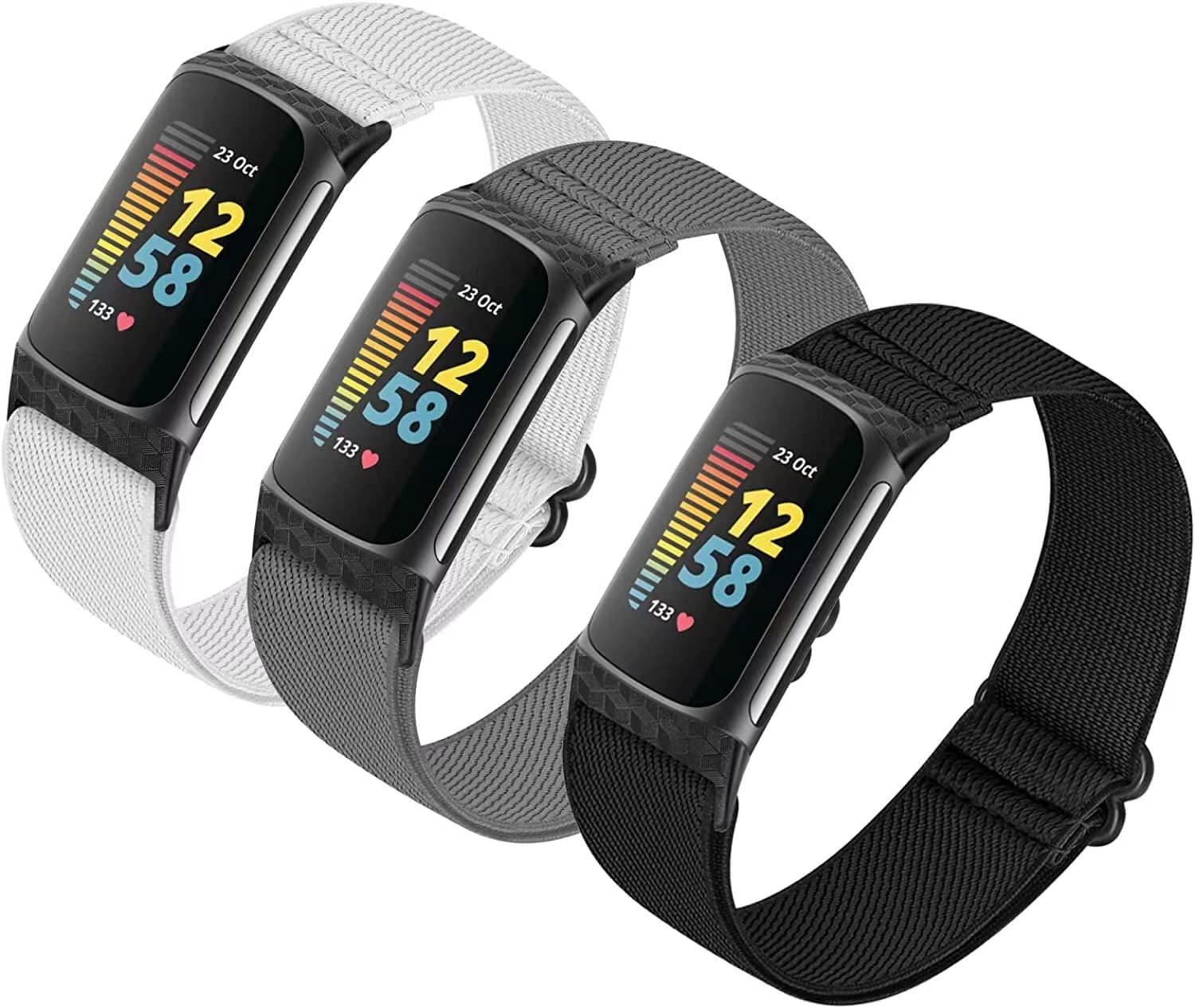 HUYIIO 3 Pack Adjustable Elastic Watch Strap Compatible with Fitbit Charge 5 Straps, Soft Breathable Nylon Sport Band Stretchy Replacement Wristband For Women Men — image 1