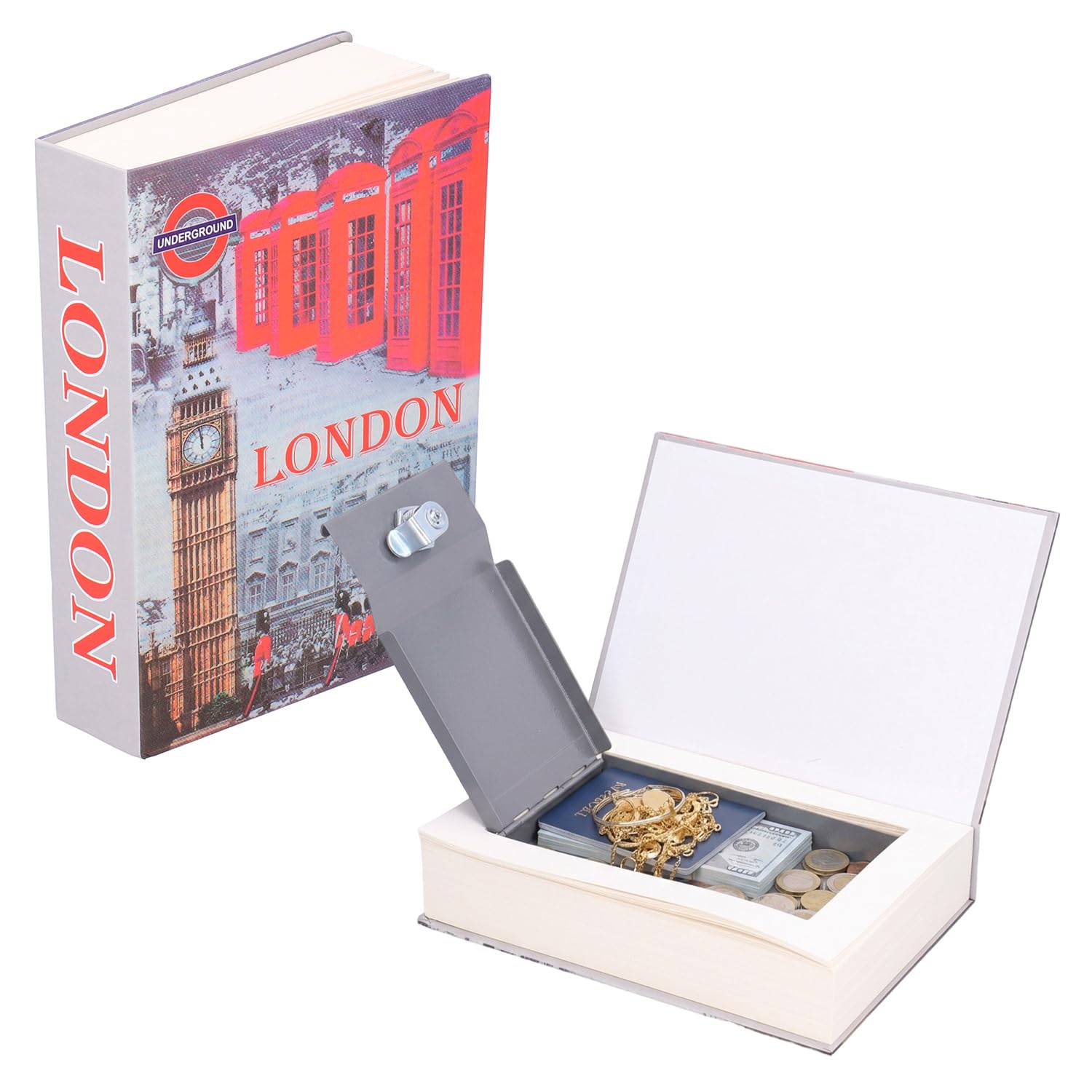 Tissting Book Safe with Key Lock, 8.7 x 6 x 1.8 in Real Page London Book Diversion Book Safe Storage Box Hidden Storage Lock Box for Money Cash Jewelry