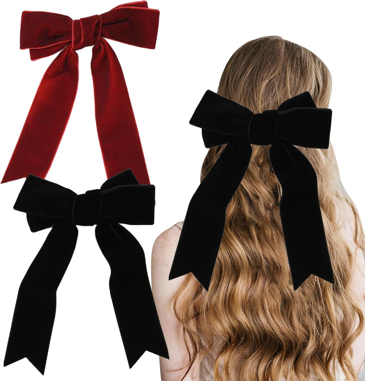 MUNSKT 2Pcs Hair Bows,Black and Red Velvet Hair Bow Tail Satin Bow Long Tail Headpieces,Bow Hair Clips Hair Slides Solid Color Hairpin French Barrette,Hair Accessories for Party Gift Girls Women
