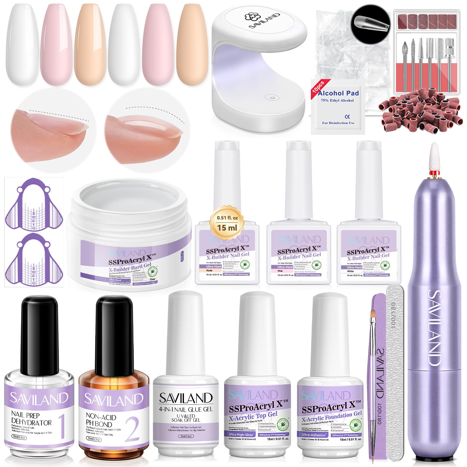 SAVILAND Pro Builder Gels Kit All-in-1: 3 Pcs White Pink Nudes Builder Gels for Nails with VE Castor Oil Hard Gel for Nails with Base Top Gel Nail drill for Nail Apex Extension Strengthening