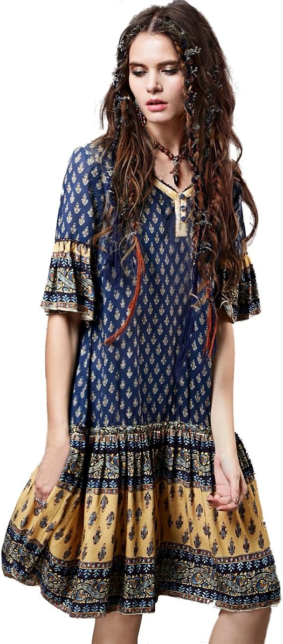 Amazon アートカー Artka オリジナルデザイン レディーズエスニックなプリントフレアワンピース マルチカラー L ワンピース チュニック 通販
