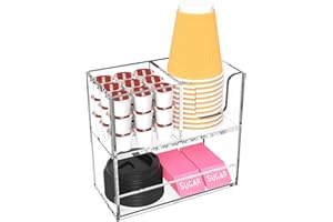 Rulyyo Coffee Condiment and Cup Organizer - 2-Tier Upright Cup and Lid Holder with Straw Organizer 3 Compartments Clear Acrylic Cup Dispenser for Restaurant Breakroom Coffee Station Countertop