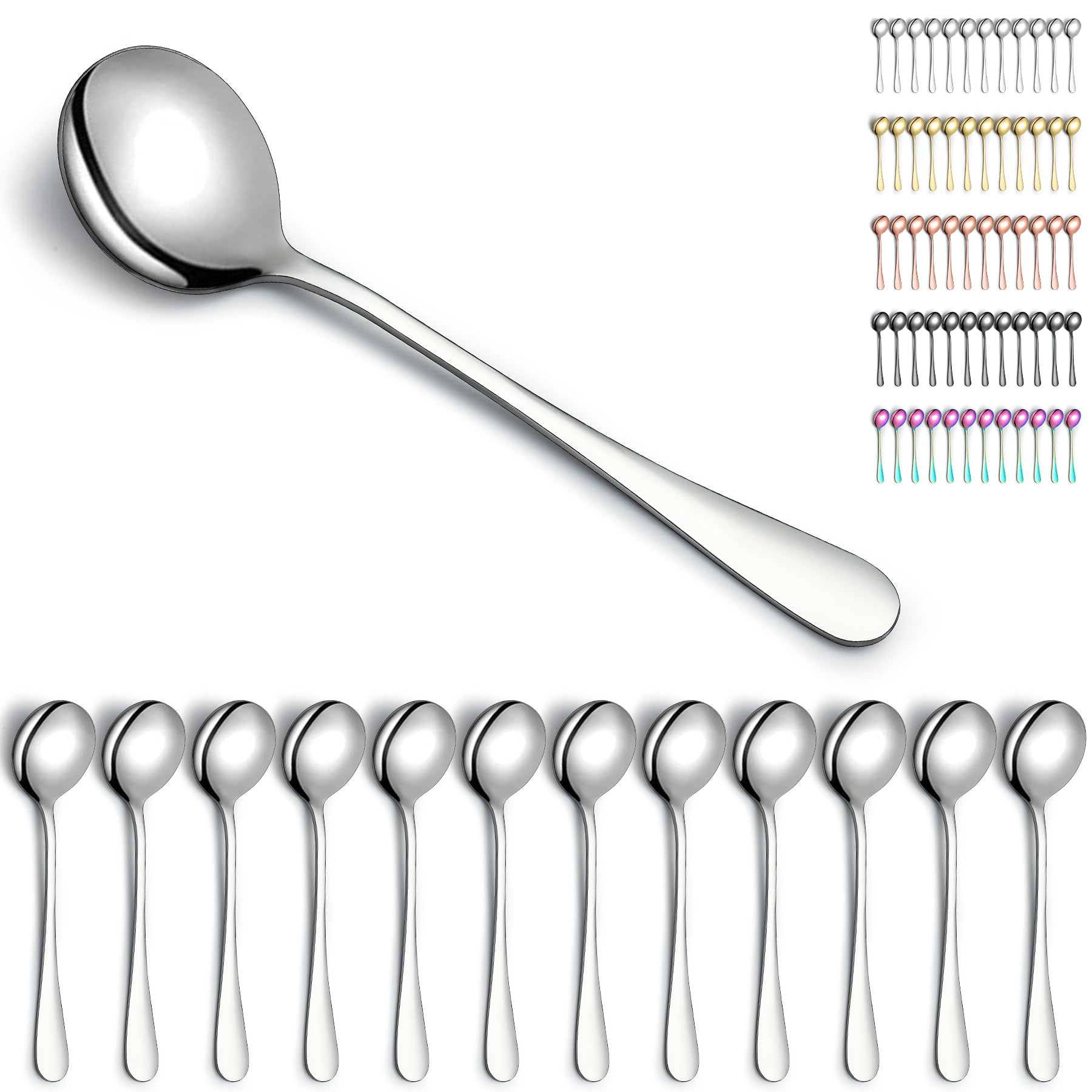 Kyraton Soup Spoons 12 Pieces, Stainless Steel Round Stainless Steel Bouillon, Dishwasher Safe