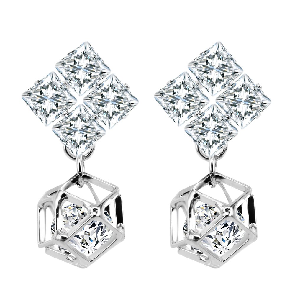 BiBeary Women Zirconia Flower Rubik's Cube Schaped 3D CZ elegant Pierced Earrings clear silver-tone
