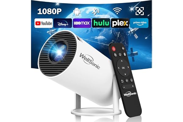 WellSonic Mini Projector Support 1080P, 200 Ansi Home Movie Projector Portable Projector with Wifi and Bluetooth, Automatic Keystone Correction, 180°Rotatable, Compatible with HDMI USB PC Laptop