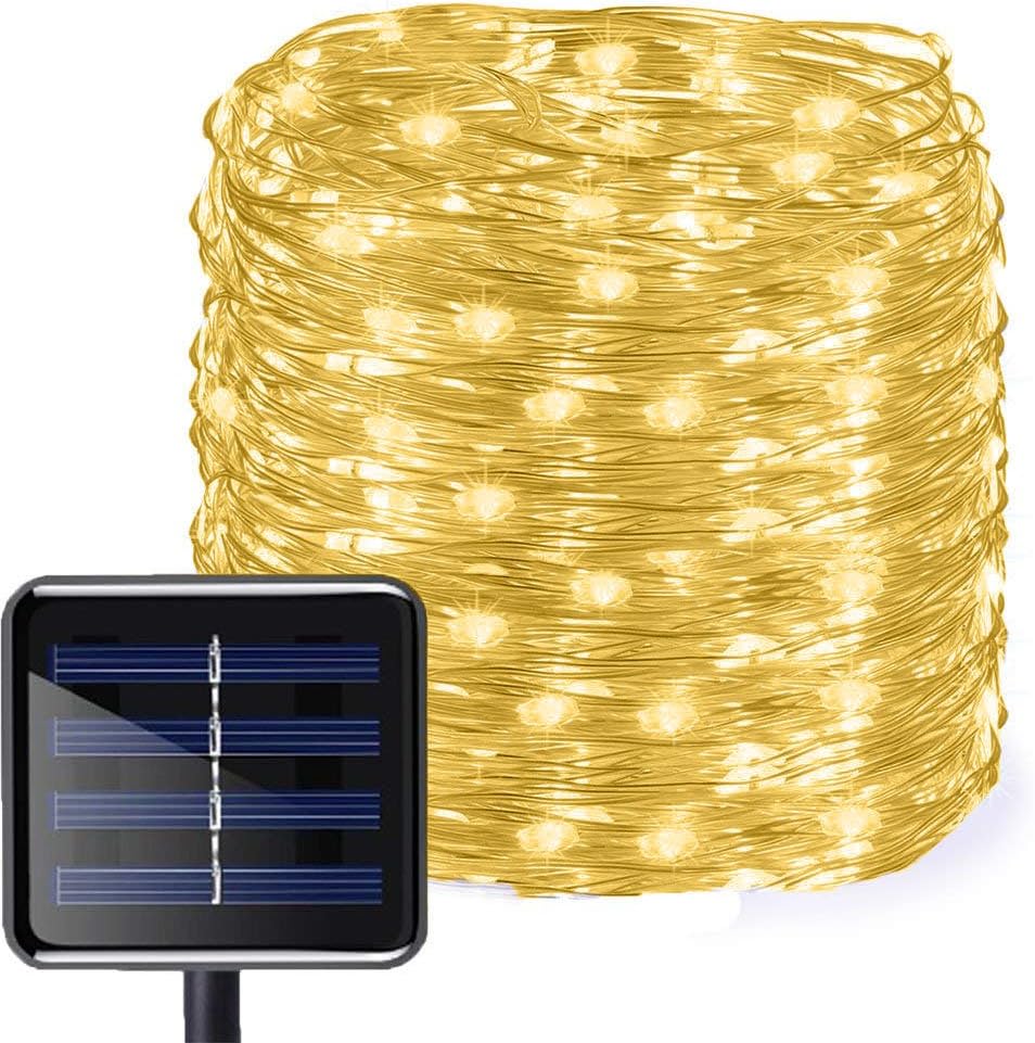 Aluvee Solar String Lights,50ft 150LED Outdoor Indoor Waterproof, 8 Modes Solar Fairy Copper Wire Garden Decor Lamp for Wedding Party Tree Xmas Decoration (Warm White)