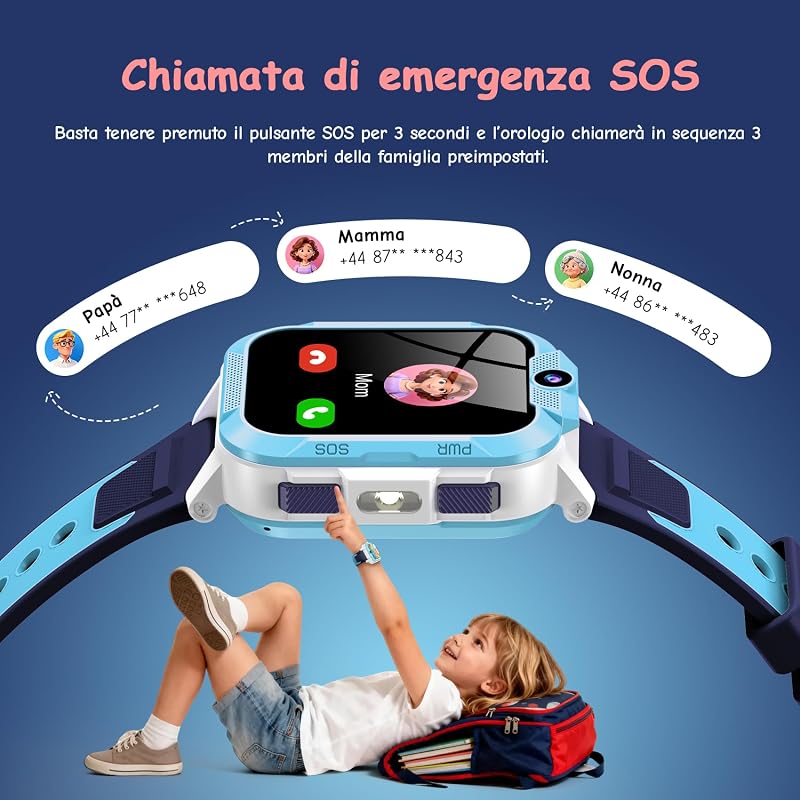 Smartwatch Bambini 4G con Videochiamata HD, 1.85" Orologio Telefono Bambini con GPS, WiFi e LBS, SOS, Batteria 850mAh, Modalità Scuola, Contapassi, Sveglia, IP68 Impermeabile, 5-12 Anni, Blu — foto 4 di 8