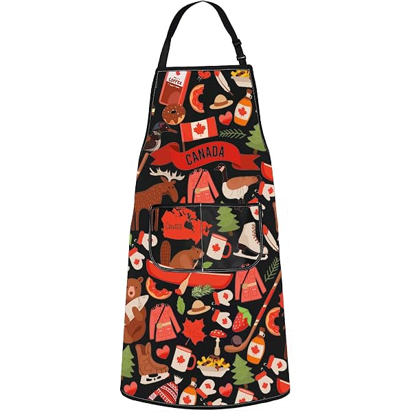MBMSO Canada Themed Waterproof Apron | Maple Leaf & Moose Print | Adjustable With 2 Pockets | Kitchen, BBQ, Gardening Apron