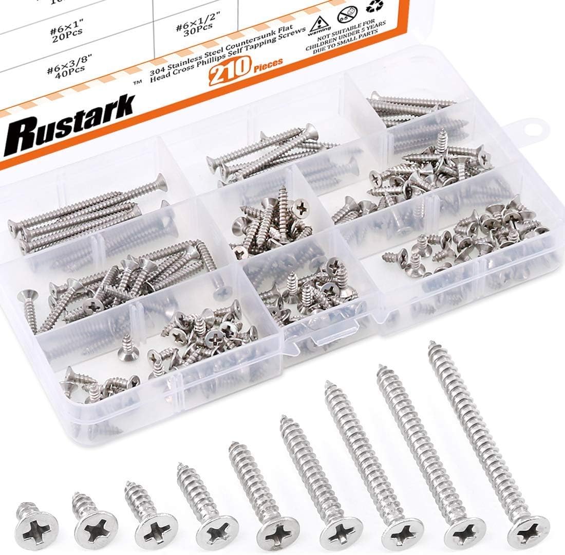 Rustark 210Pcs M3.5 304 Stainless Steel Flat Head Phillips Cross Wood Screw Drive Self-Drilling Screws Assortment Kit