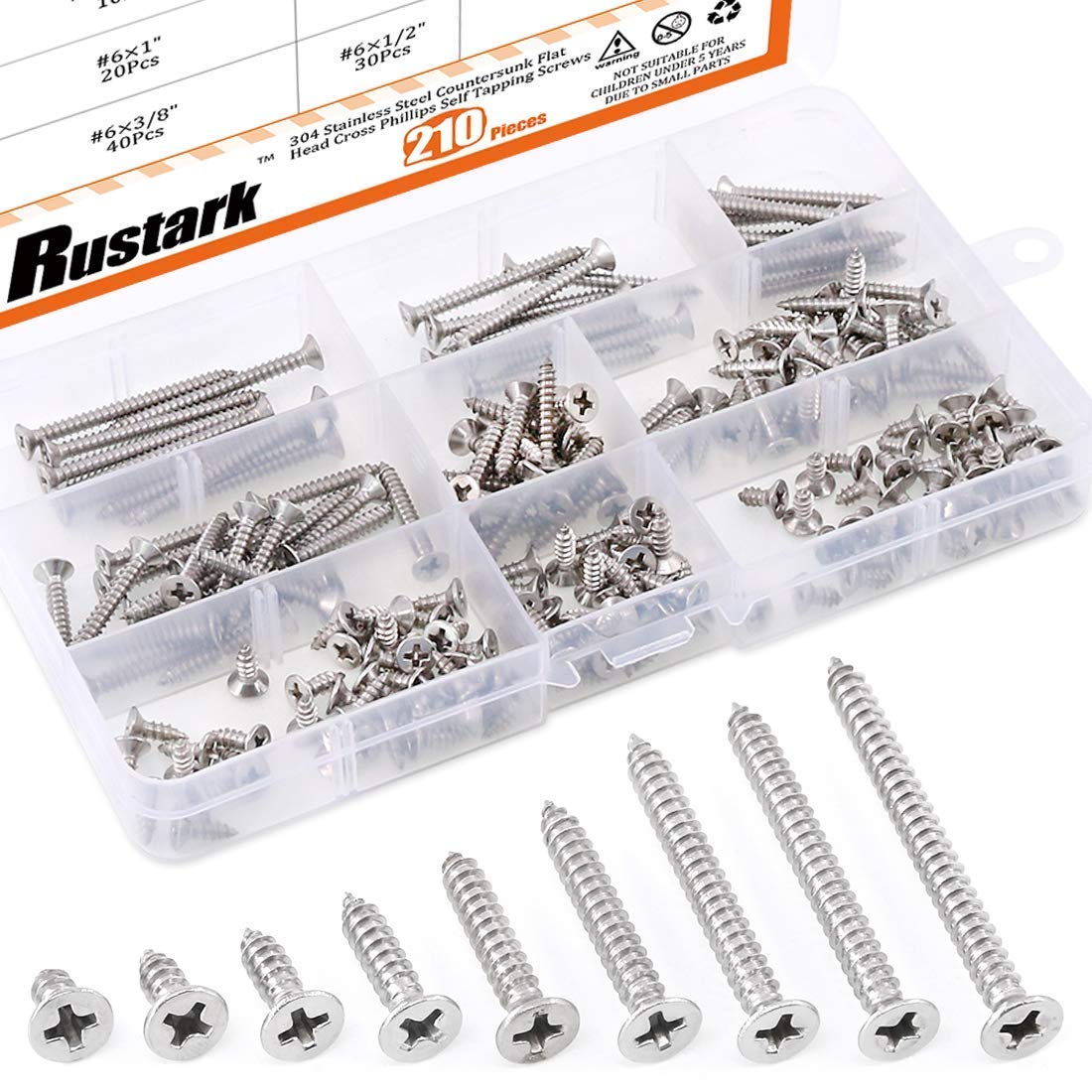 Rustark 210Pcs M3.5 304 Stainless Steel Flat Head Phillips Cross Wood Screw Drive Self-Drilling Screws Assortment Kit