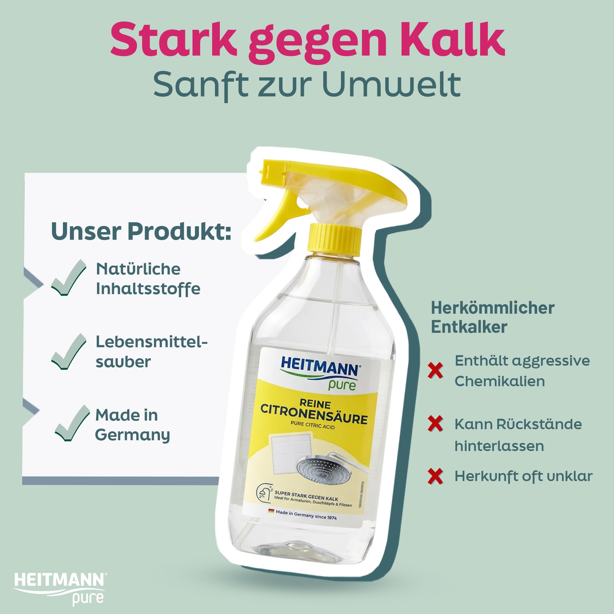 HEITMANN pure Reine Citronensäure | Leistungsstarkes Entkalker-Spray für Bad & Küche | Lebensmittelsauber | Entfernt Kalk & Verfärbungen auf Oberflächen & Armaturen | 500 ml 6