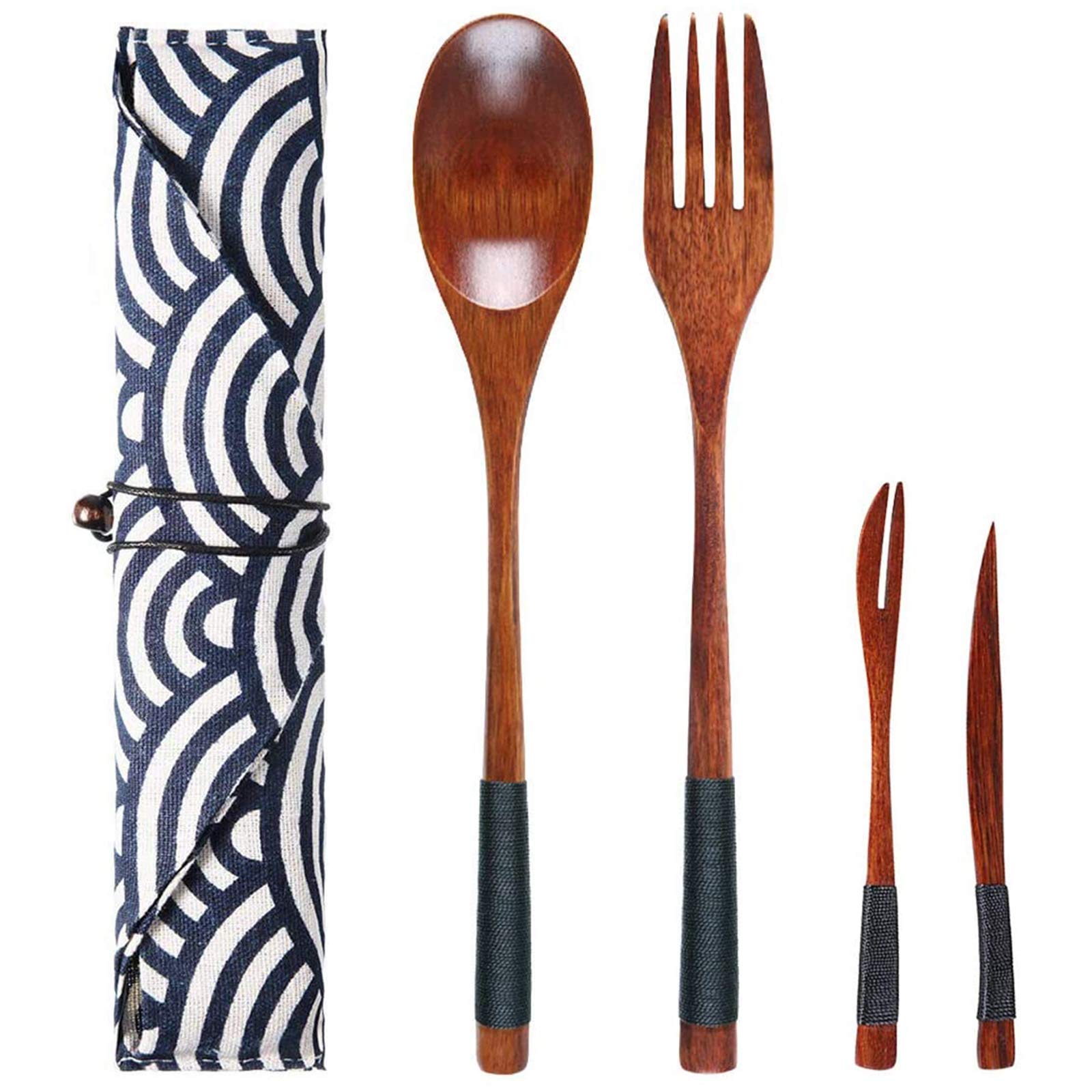 Wooden Reusable Cutlery Set Eco Friendly Flatware Japanese Style Tableware kit for Travel Camping Bento Meal Fork Spoon Small Fruit Cake Knife Fork Set - 4 Pcs